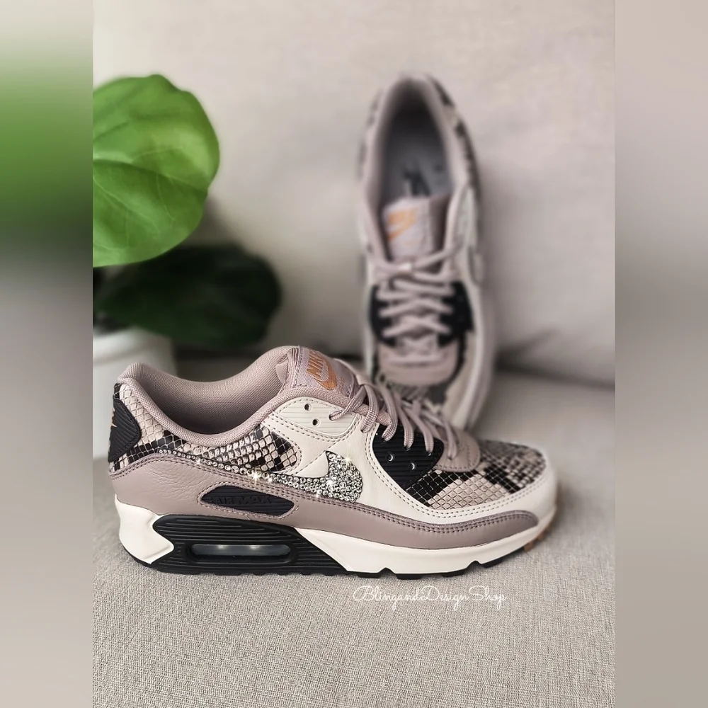 Bling Womens Nike Air Max 90 Animal Print Customized Sneakers With Crystals - Picture 4 of 8